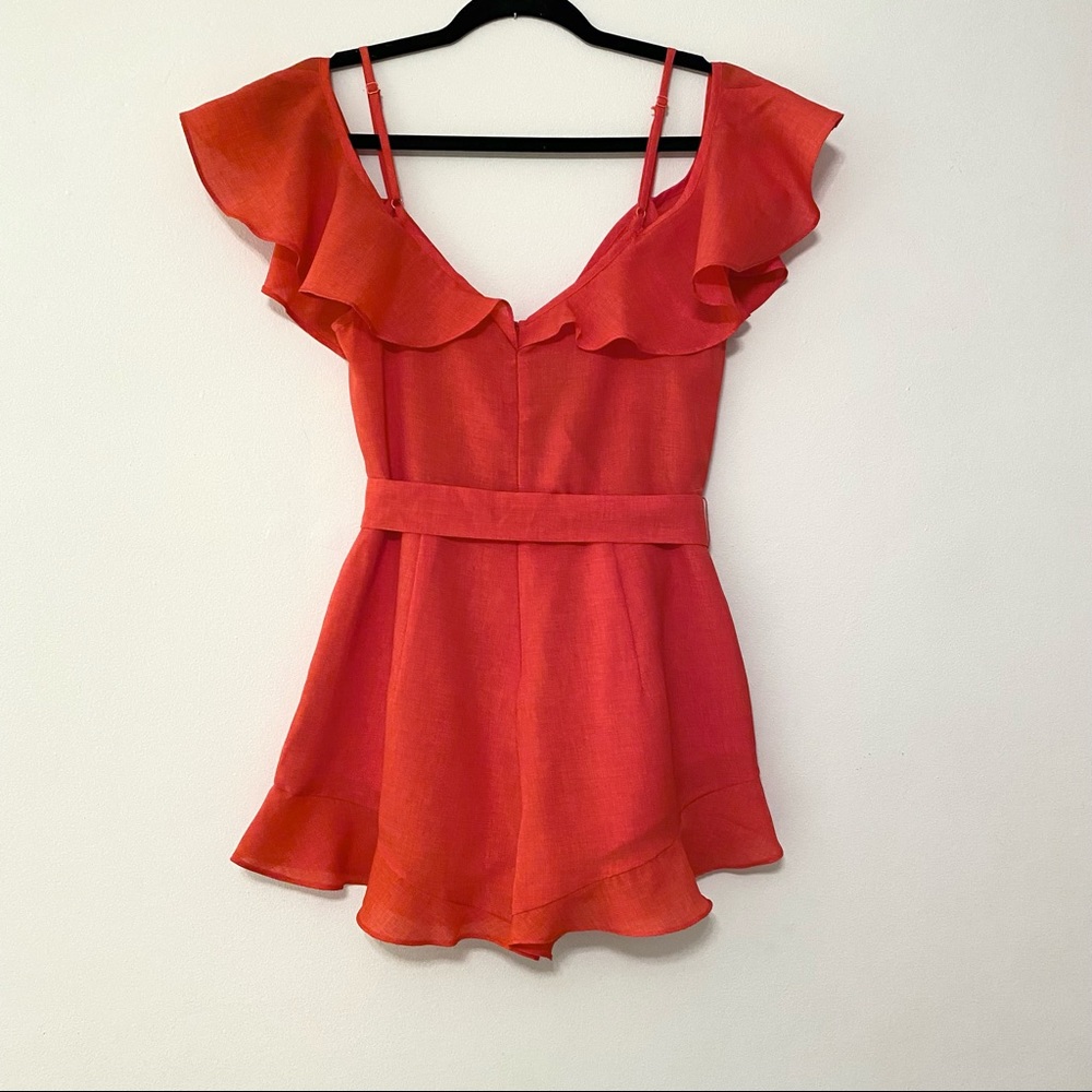 Red Cold- Shoulder Ruffle Romper - Picture 3 of 8